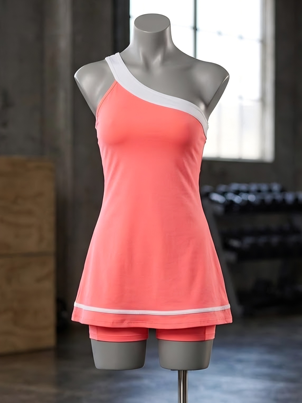 Women’s One-Shoulder Coral Athletic Dress with White Trim